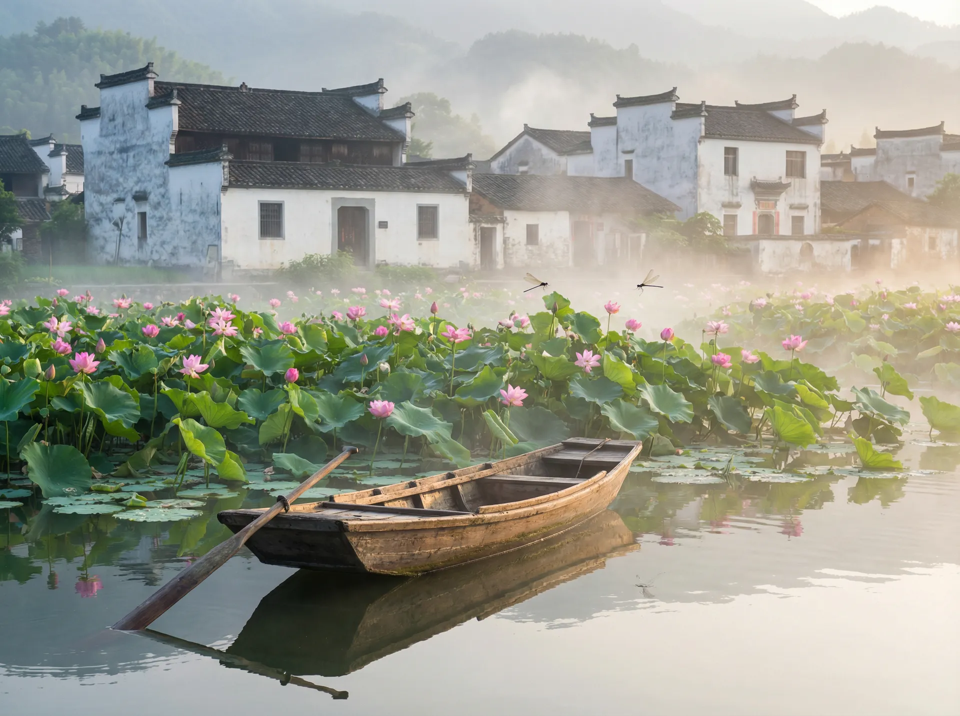 清晨荷塘小舟，粉色荷花盛开，白墙黑瓦的村庄 - 投影灯效果图 水乡风情